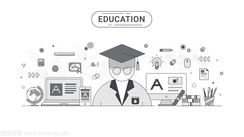 教育信息圖表概念。學(xué)生和教育圖標(biāo)平線條樣式創(chuàng)建的矢量